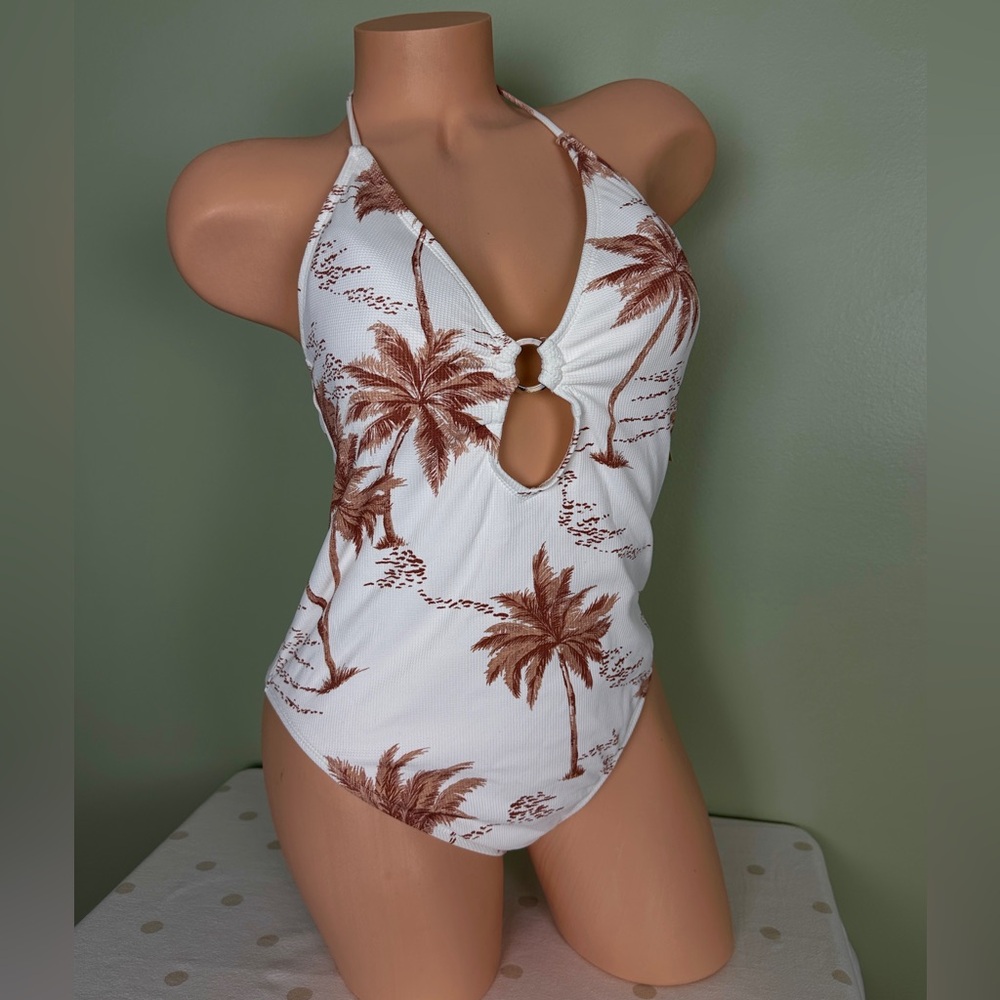 FOREVER 21 WOMEN’S SWIM ONE PIECE BROWN WHITE KEY HOLE BATHING SUIT SZ LARGE NWT